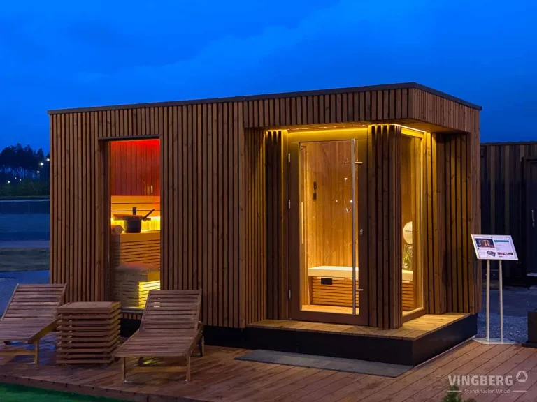 Luxus Gartensauna Scandit 10 bei Nacht